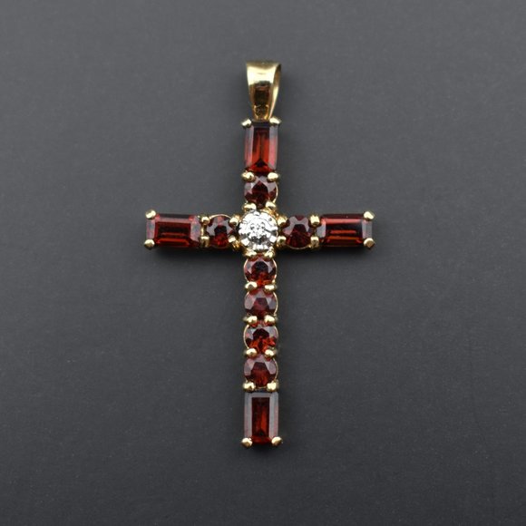 Garnet and diamond cross pendant solid 10K gold - Picture 6 of 12